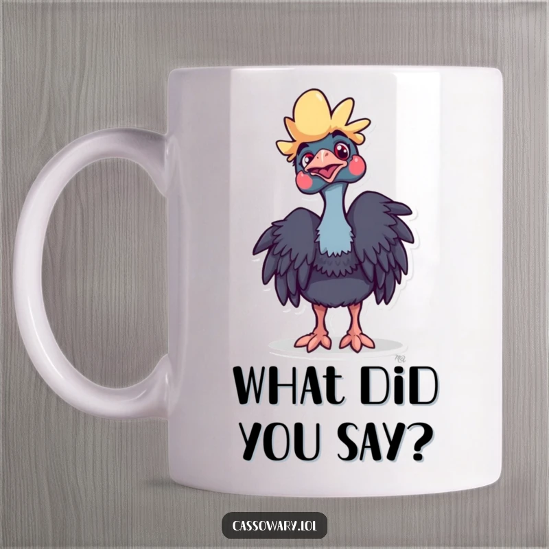 Funny Cassowary Mug: A cassowary with a playful head tilt, looking curious and intriguing. Great gift.