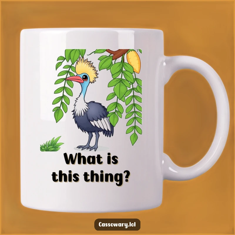 Funny Cassowary Curious Gift Mug - Adorable Bird Tilting Head on Vine