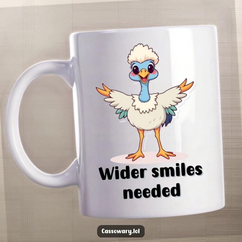 Funny cassowary mug, a happy cassowary stands with legs spread wide in a confident, joyful stance, unique bird art.