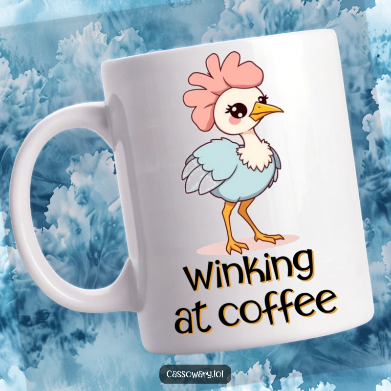 Funny kawaii cassowary mug, an adorable bird winks playfully while confidently strutting, exuding charm and humor.