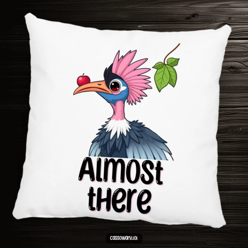 Funny cassowary pillow featuring a bird reaching for a high berry, offering comfort and a humorous nod to ambition.
