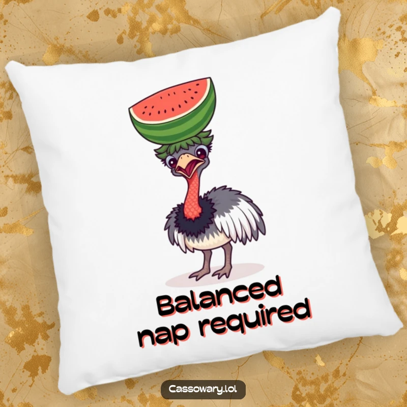 Funny pillow showcasing a cassowary comically balancing a watermelon on its head, providing comfort and a humorous visual.