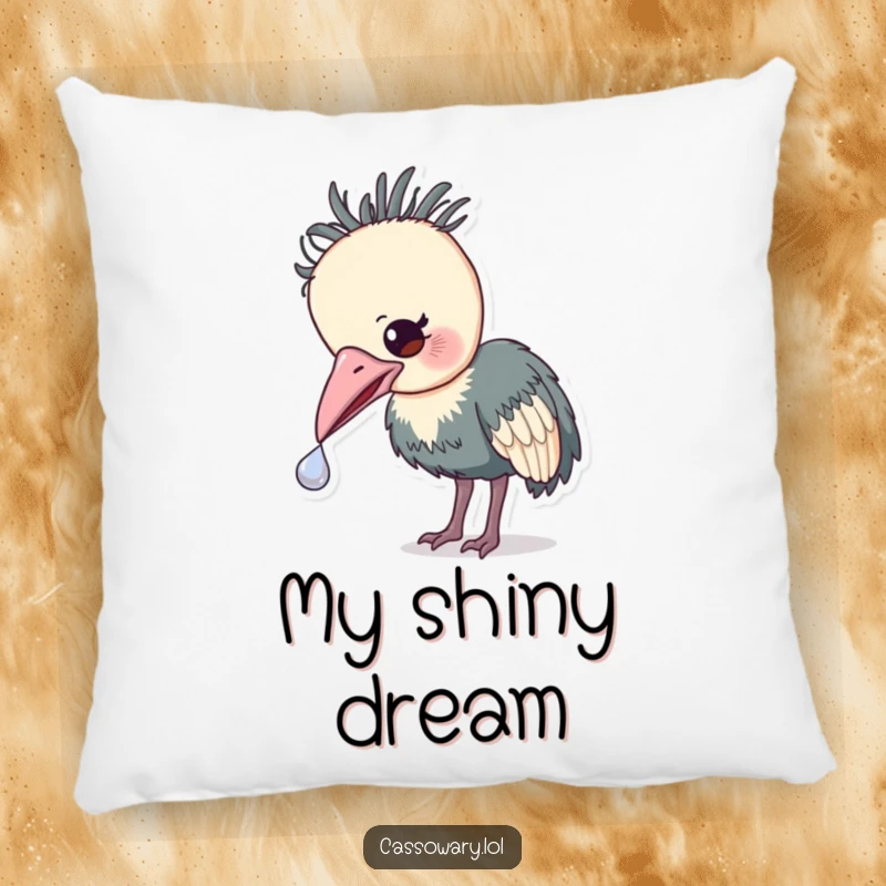 Funny Cassowary Treasure Pillow: A soft pillow depicting a cassowary gently nudging a small, shiny object with its beak, symbolizing curiosity.