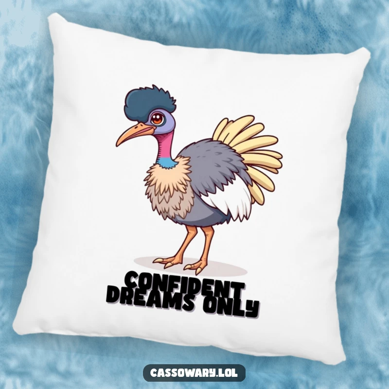 Funny pillow featuring a cassowary winking confidently while strutting, perfect for adding a touch of bold humor to any space.