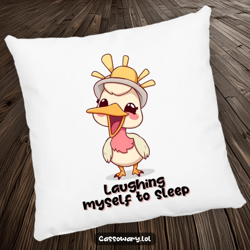 Funny pillow featuring a cassowary giggling while wearing a silly hat, adding a touch of playful humor to any space.