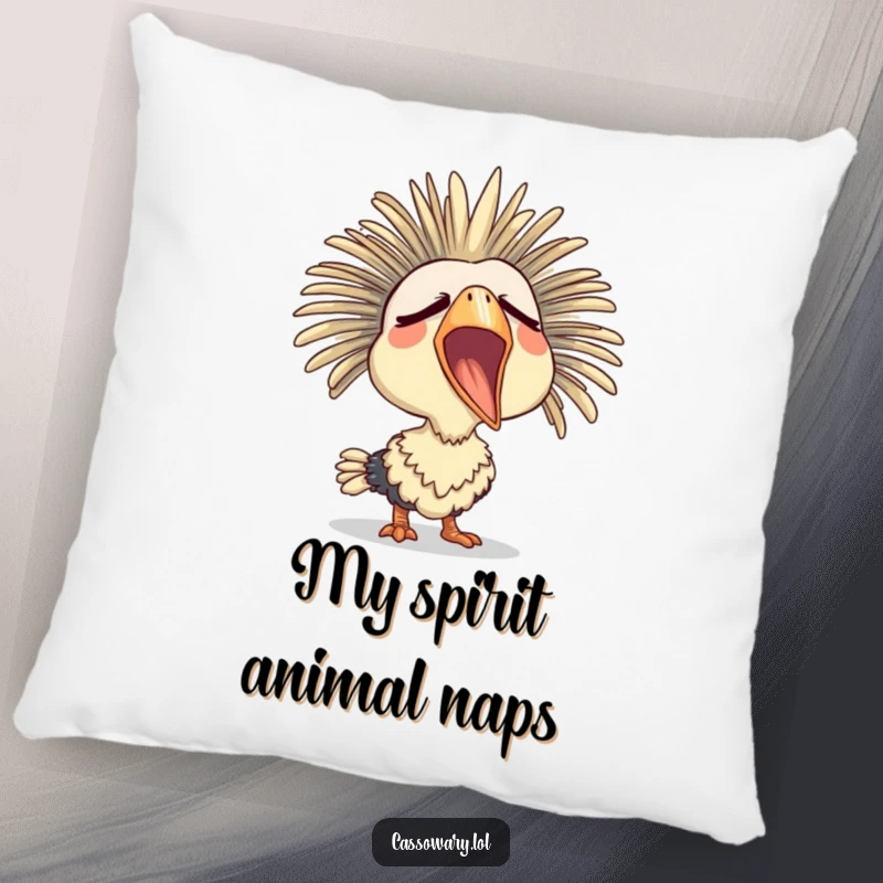 Funny pillow featuring a cassowary yawning widely with a sleepy expression, perfect for adding cozy humor to any room.