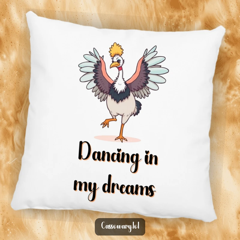 Funny cassowary pillow showcasing a happy bird dancing with outstretched wings, providing comfort with a humorous and energetic bird design.