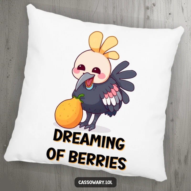 Funny pillow with a kawaii cassowary joyfully pecking at a colorful fruit, bringing a sense of happiness and sweetness to any room.