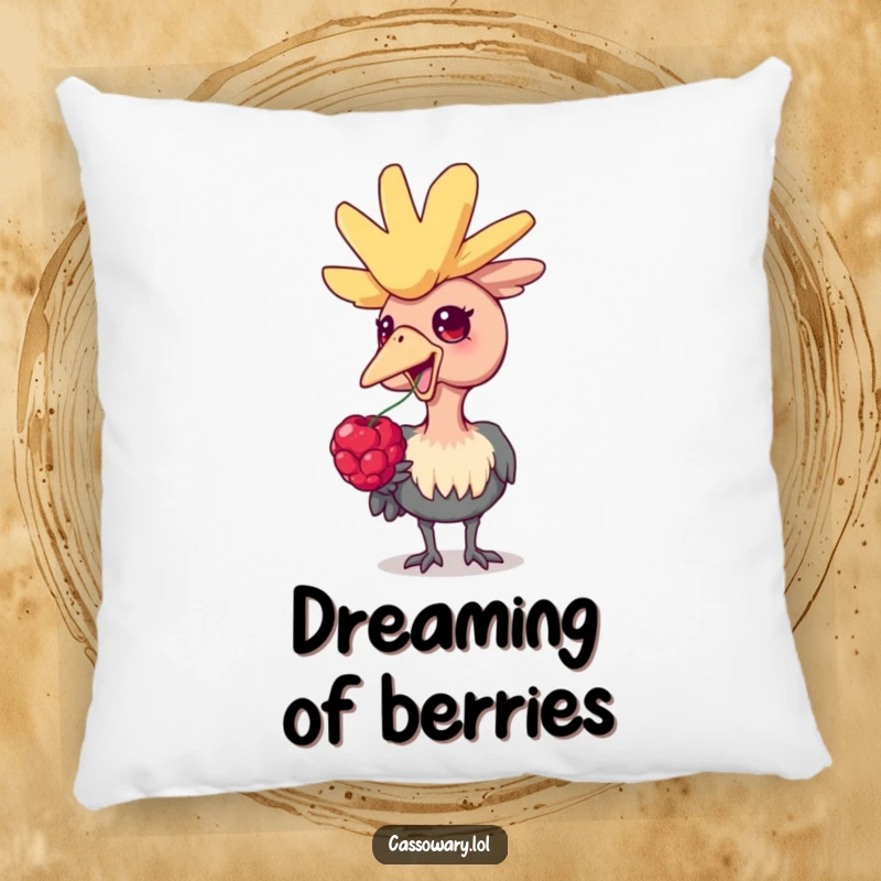 Funny cassowary pillow, a soft decorative pillow showcasing a delighted cassowary bird enjoying a ripe berry, perfect for adding comfort and humor.