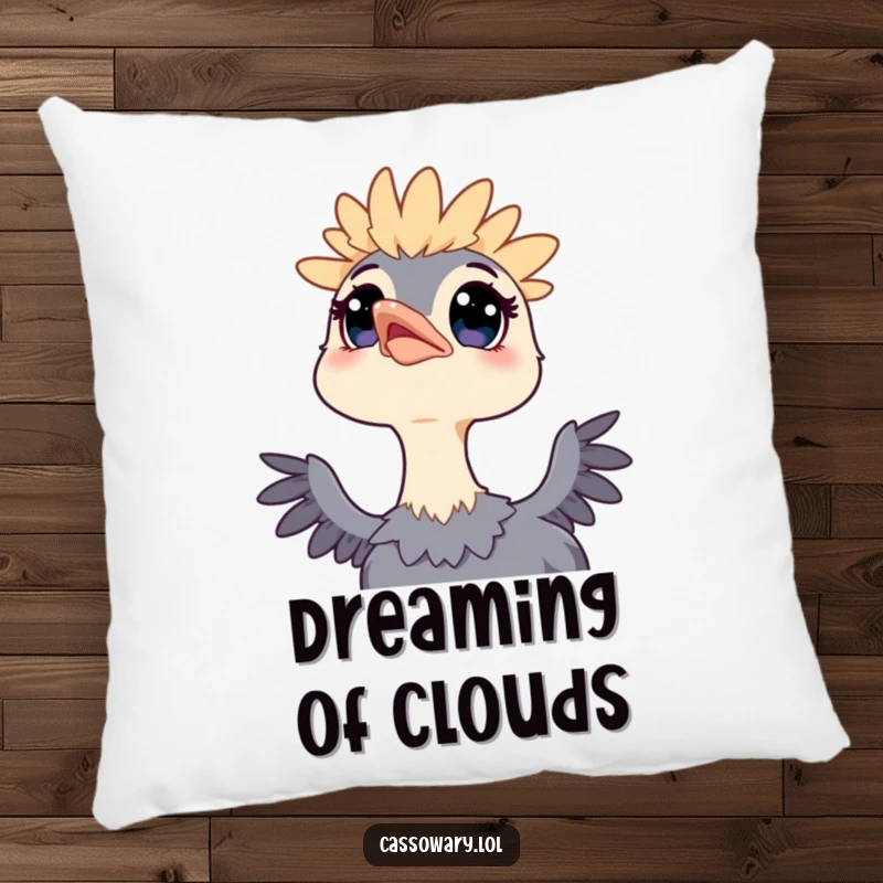 Funny pillow with a kawaii cassowary, wide eyes looking up at the sky, bringing a sense of peace and wonder to any room.