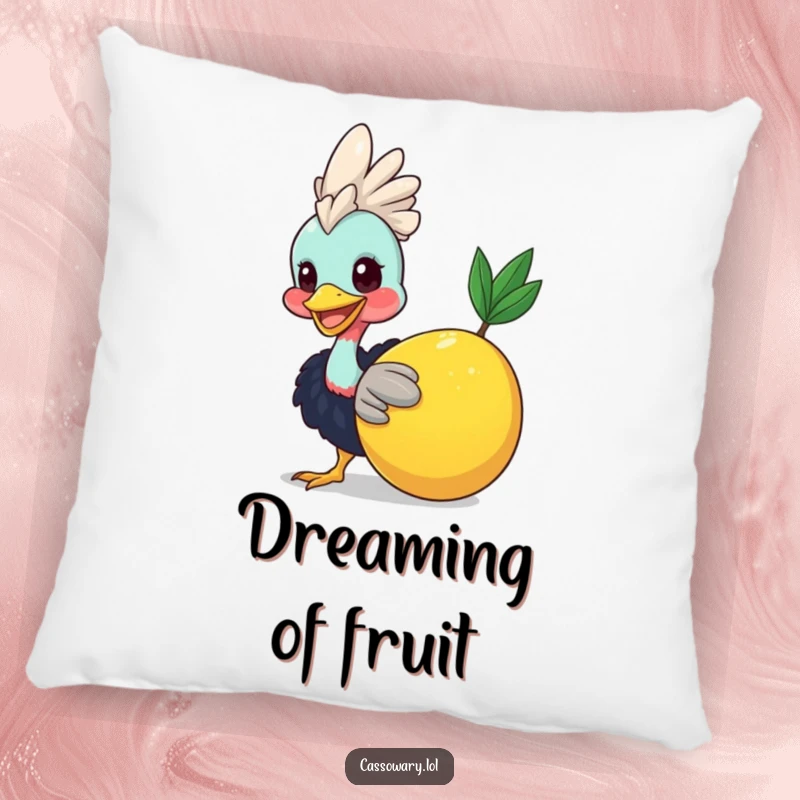 Funny Cassowary Fruit Nudge Pillow: A smiling cassowary nudging a large fruit, soft and cuddly. Ideal funny gift for cozy spaces.