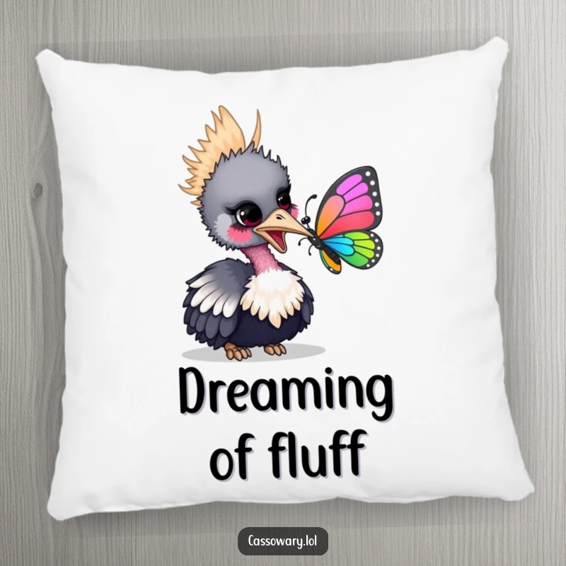 Funny pillow featuring a cassowary gently nudging a colorful butterfly with its beak, a soft and heartwarming decorative piece.