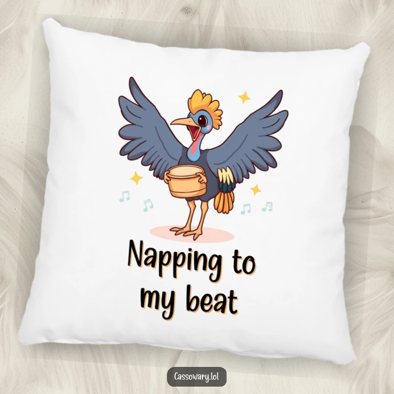 Funny pillow depicting a cassowary joyfully drumming its feet on the ground with rhythmic thuds, a soft and energetic accent.
