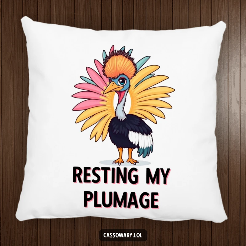 Funny cassowary pillow with a proud bird displaying a large, colorful feather, adding comfort and exotic style.