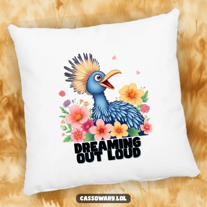 Funny pillow depicting a cassowary joyfully squawking amongst vibrant flowers, a soft and cheerful decorative piece.