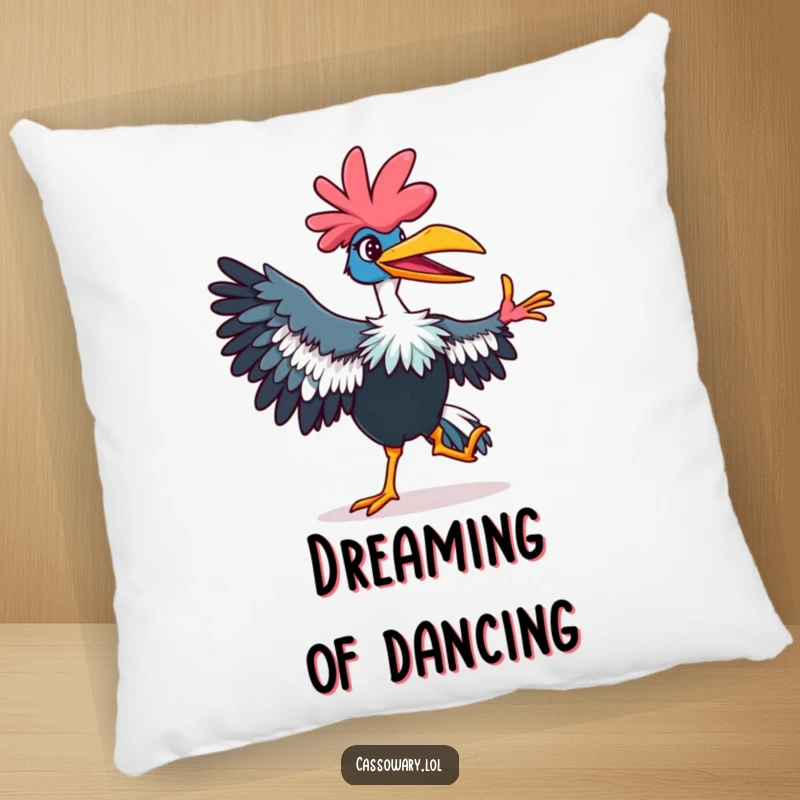 Funny cassowary pillow with a vibrant, dancing bird showing a playful grin, perfect for adding comfort and fun.