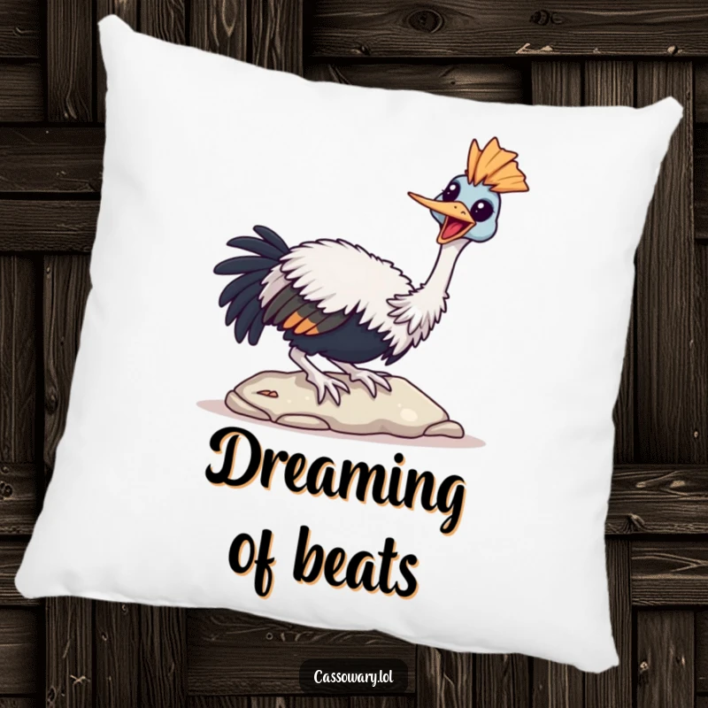 Funny Cassowary Pillow featuring a bird joyfully tapping its beak on a stone, perfect for cozying up.
