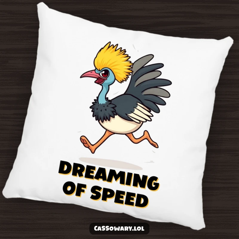 Funny cassowary pillow featuring a determined bird running with great energy, adding a humorous and cozy touch to any room.