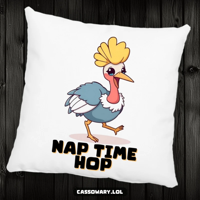 Funny kawaii cassowary pillow featuring a cheerful bird taking a bouncy hop, offering plush comfort and a dose of happiness.
