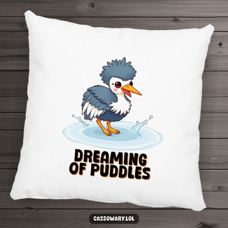 Funny pillow with a kawaii cassowary splashing in a puddle, offering comfort and a splash of playful charm to any room.