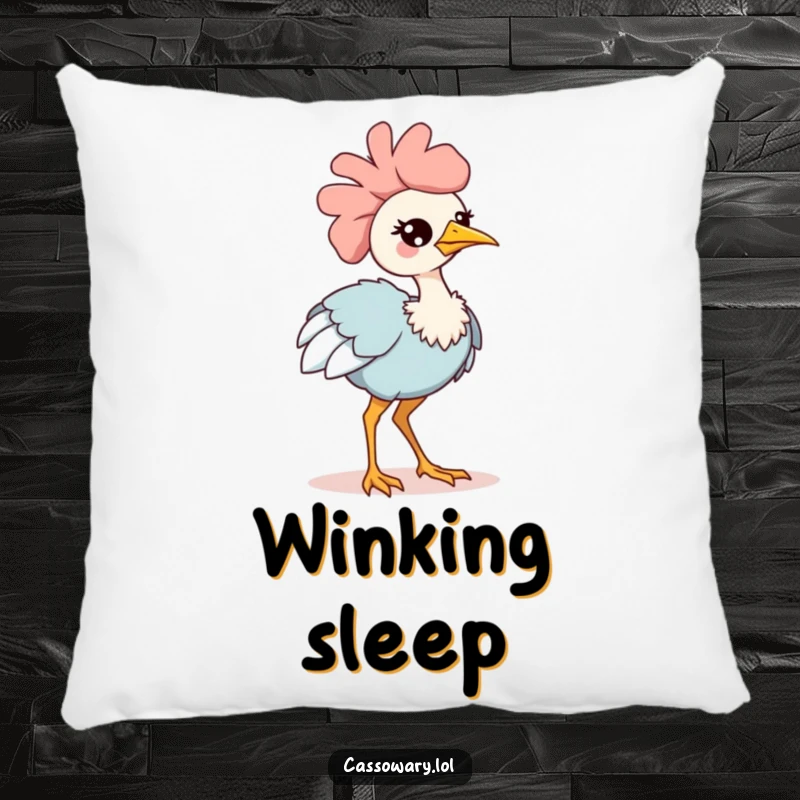 Funny kawaii cassowary pillow, a soft cushion featuring an adorable bird winking and strutting confidently, perfect for adding comfort and charm.