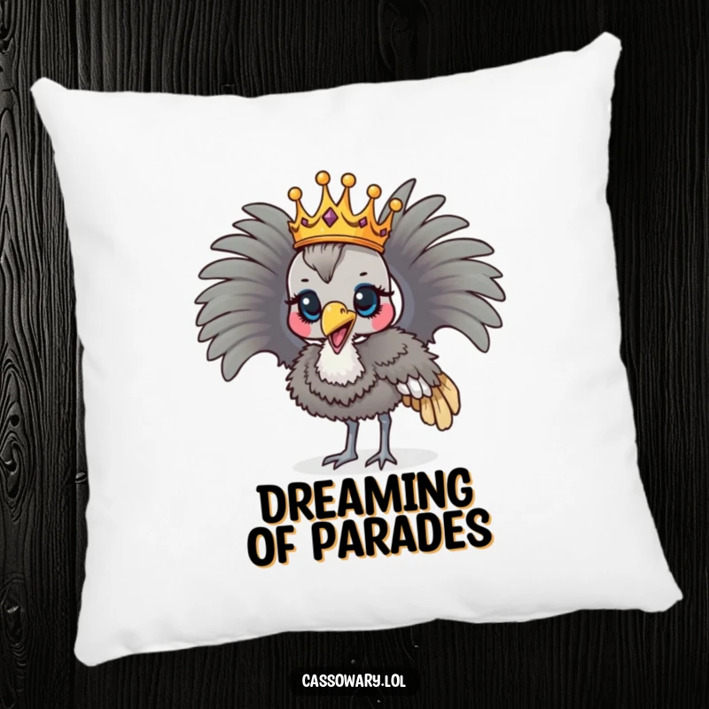 Funny cassowary wearing a crown, parading majestically, soft and humorous decorative pillow.
