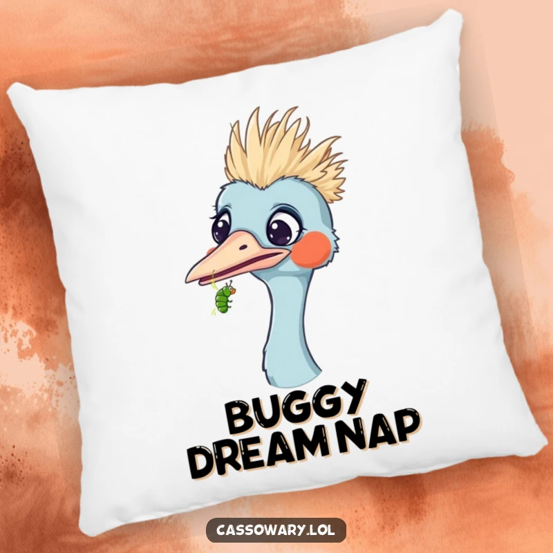 Funny pillow showcasing a cassowary looking surprised as a tiny caterpillar crawls on its beak, providing comfort and humor.