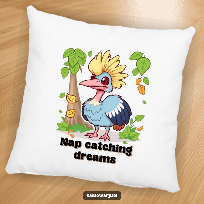 Funny pillow showcasing a cassowary making a silly face while trying to catch a falling leaf, providing comfort and humor.