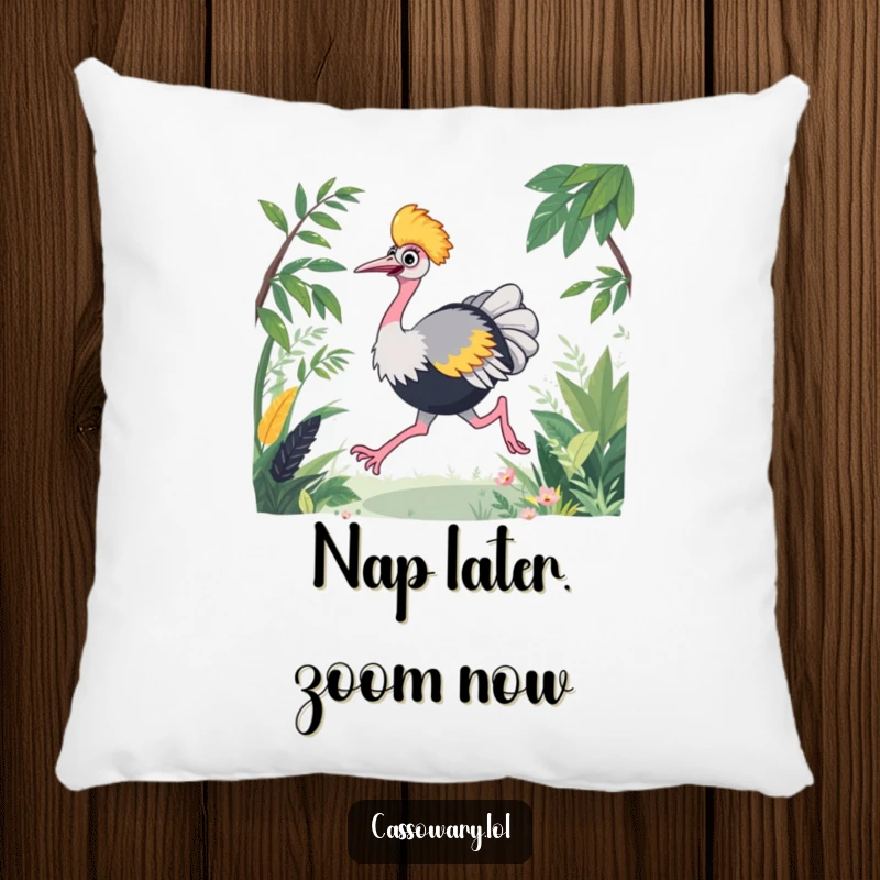 Funny cassowary pillow featuring an energetic bird joyfully racing through lush foliage, soft and decorative for comfort.