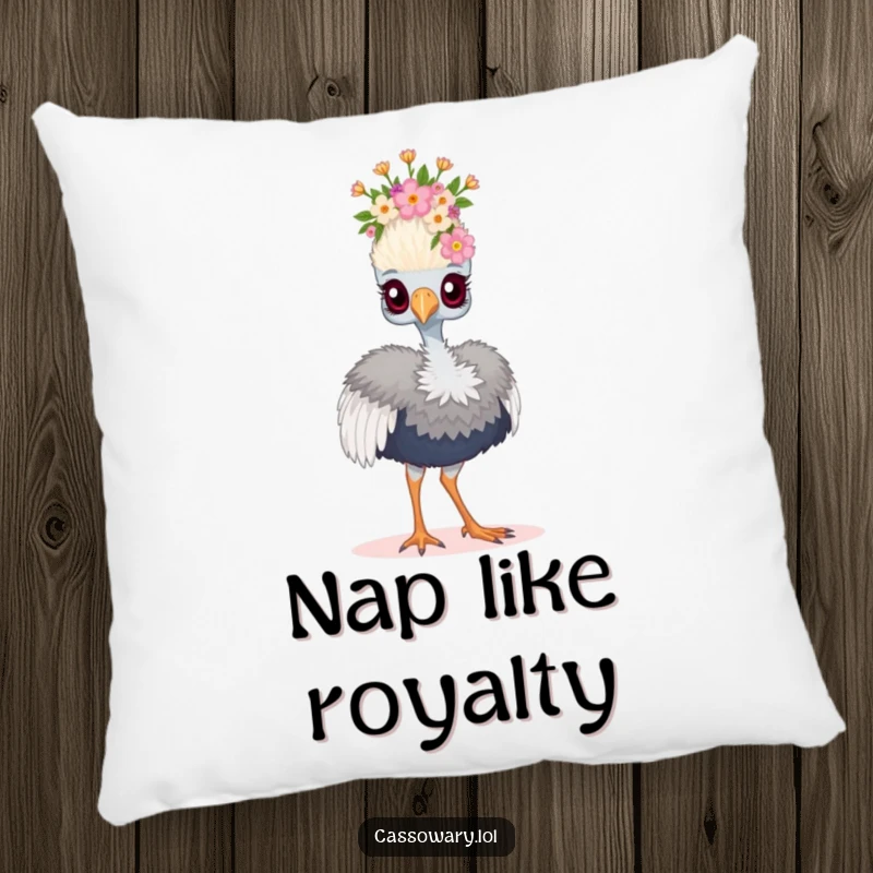 Funny cassowary pillow featuring a bird wearing a floral crown and strutting proudly, adding humorous royal charm.