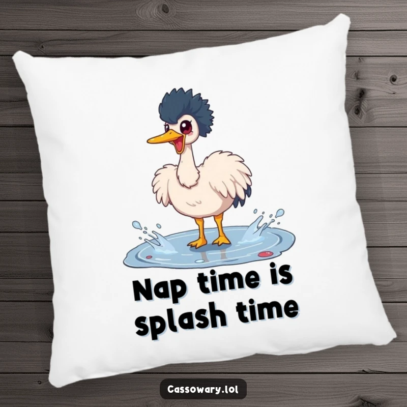 Funny cassowary pillow illustrating a happy bird energetically splashing in a puddle, offering comfort with a side of hilarious bird art.