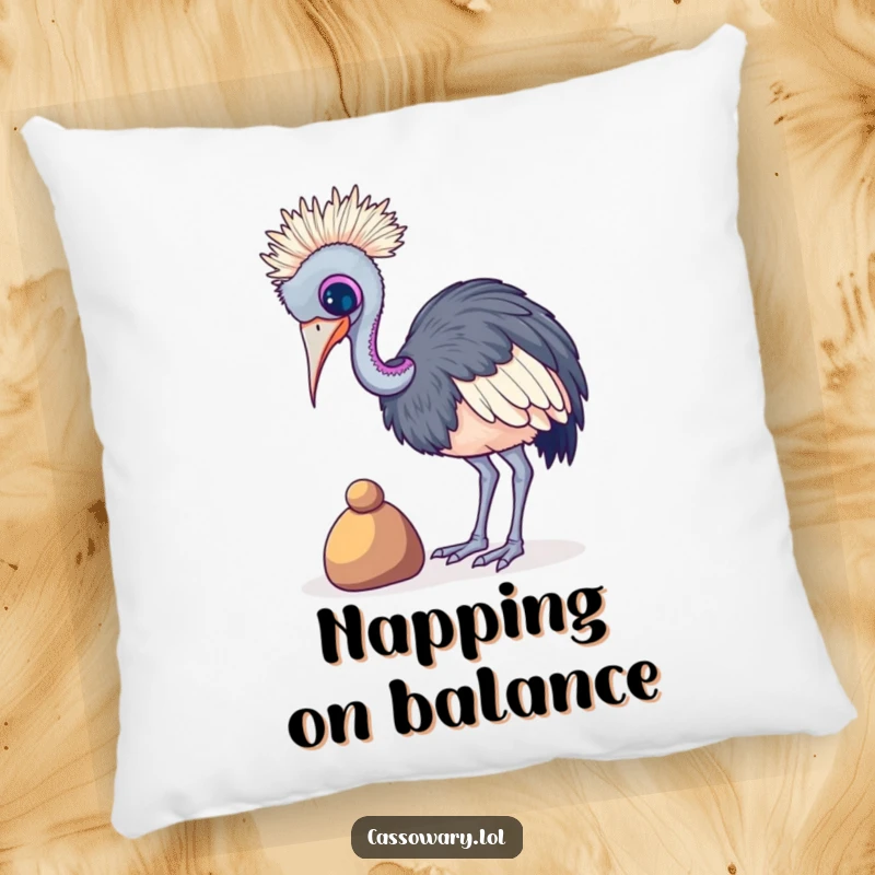 Funny Cassowary Pebble Balance Pillow: A wobbly cassowary balancing a small pebble, soft and cozy. Funny gift.