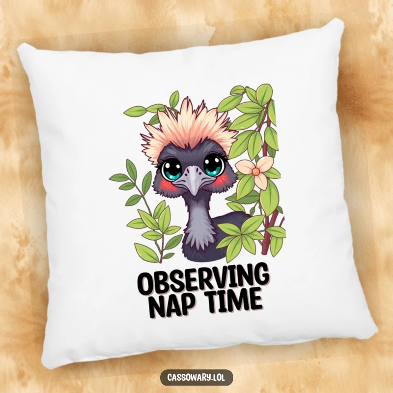Funny Cassowary Peeking Pillow: A curious cassowary peeking from foliage, soft and cozy. Funny gift.