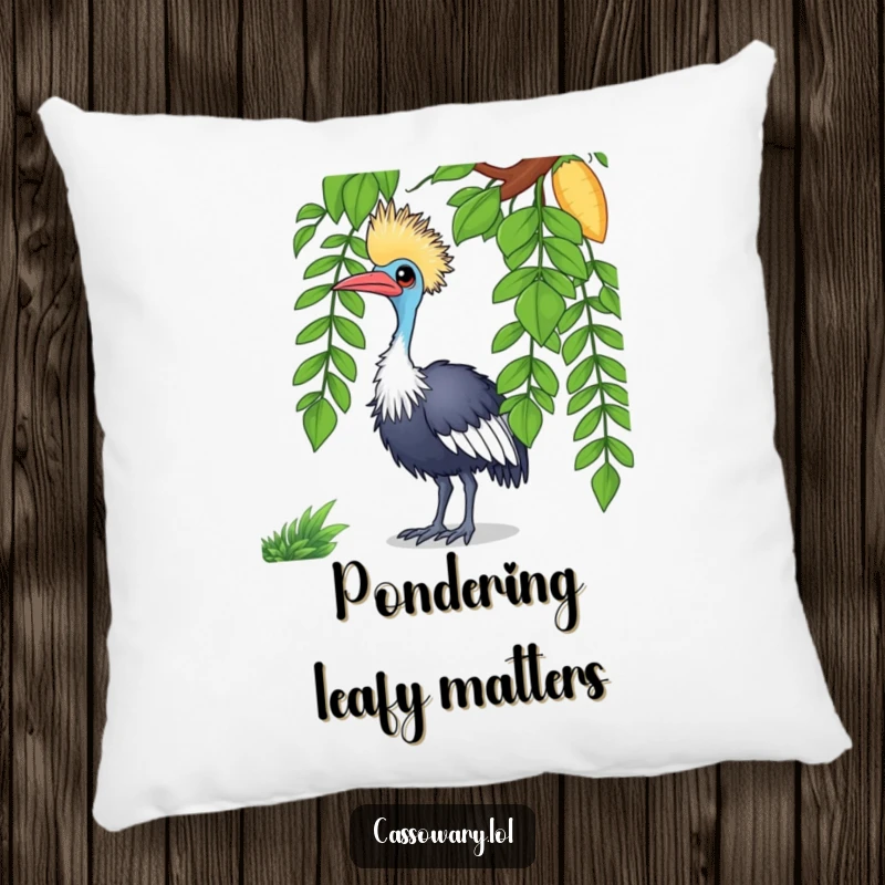 Funny cassowary pillow showcasing a curious bird tilting its head at a vine, soft and decorative for living spaces.