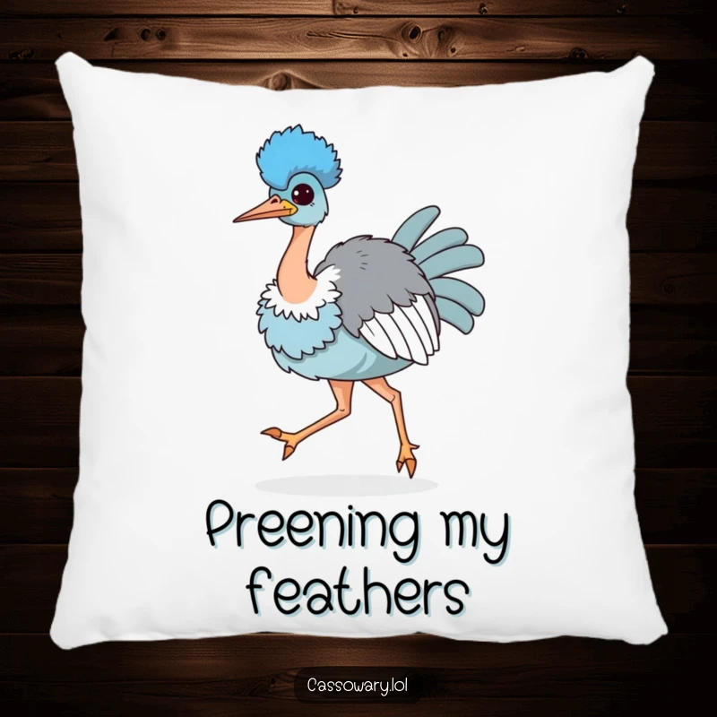 Funny pillow with a kawaii cassowary strutting proudly, chest puffed, adding a touch of confidence and humor to home decor.