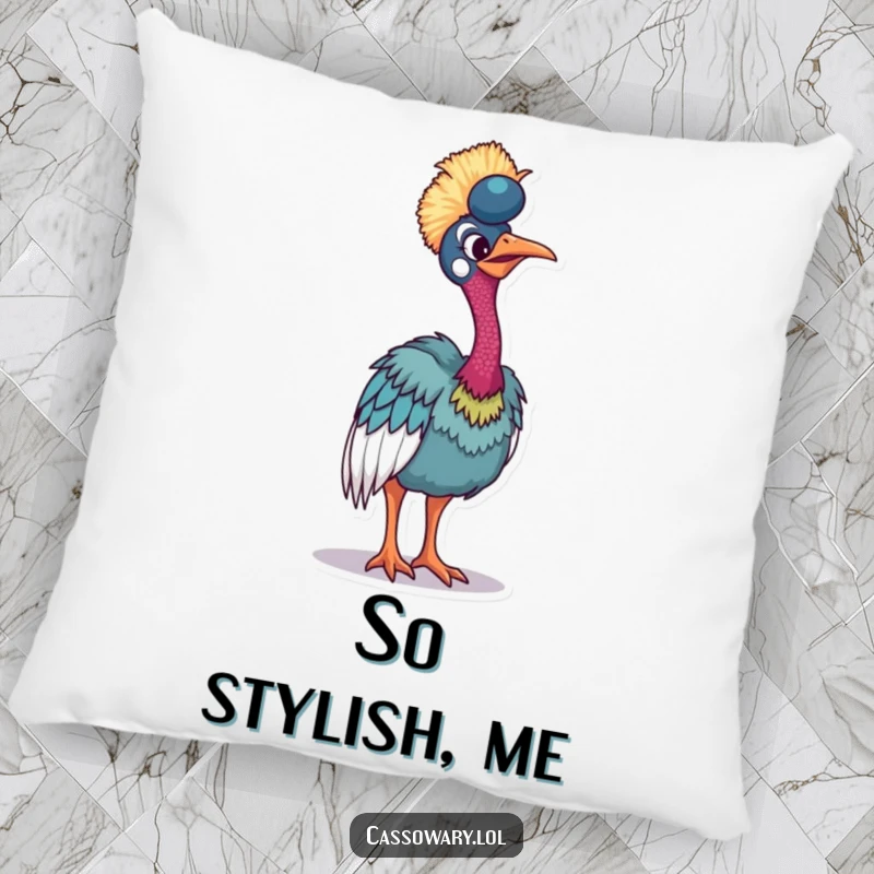 Funny cassowary pillow featuring a bird tilting to showcase its vibrant plumage, adding a touch of humorous color.