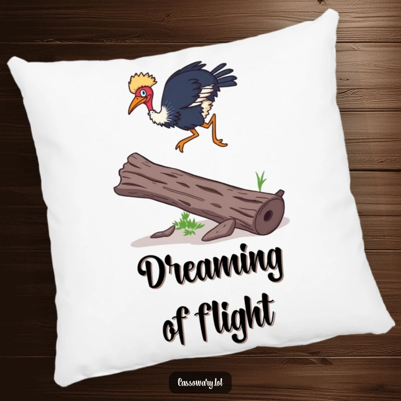 Funny Cassowary pillow showcasing a cassowary leaping over a log with surprising agility, a soft and humorous decorative accent.