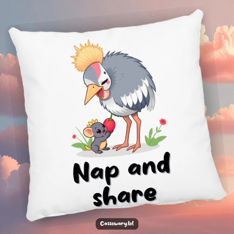 Funny cassowary pillow design featuring a cassowary sharing a juicy berry with a small jungle creature, perfect for comfort.