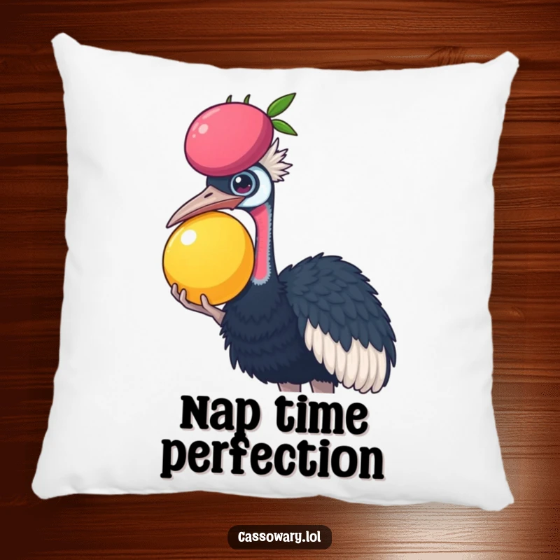 Funny Cassowary pillow showcasing a cassowary balancing a large fruit on its head, a soft and humorous decorative accent.