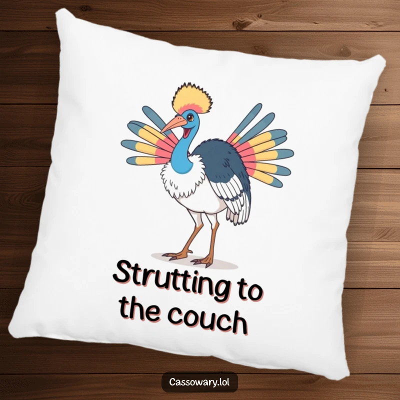 Funny cassowary pillow with a bird doing a proud strut with its colorful neck feathers, offering plush comfort and bold decor.