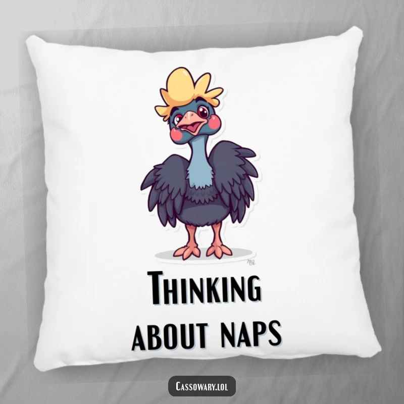 Funny Cassowary Pillow: A cassowary with a playful head tilt, looking curious, perfect for unique decor. Gift idea.