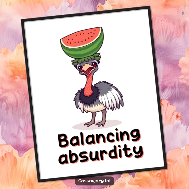 Funny digital art print of a cassowary comically balancing a watermelon on its head, ready to download and display for laughs.