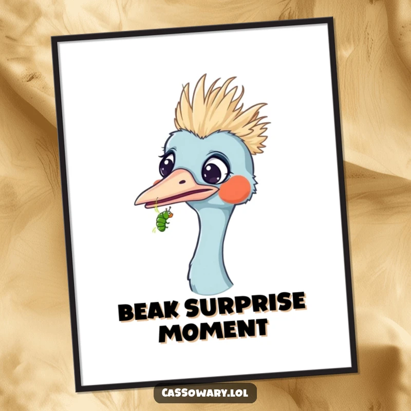 Funny digital art print of a cassowary looking surprised as a tiny caterpillar crawls on its beak, ready to download and add humor.