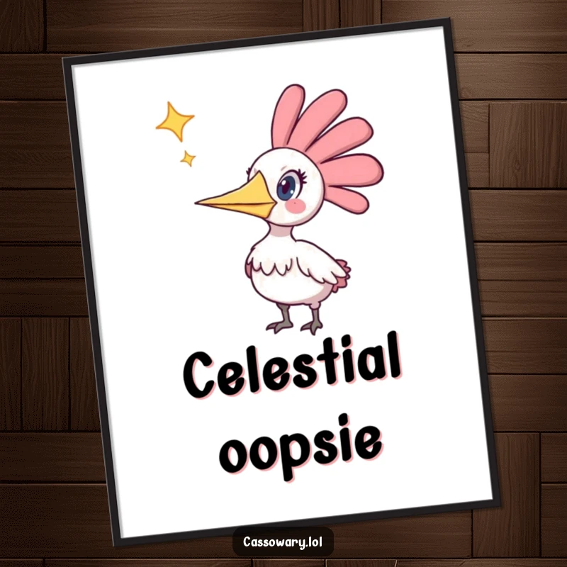 Funny digital art print of an astonished cassowary gazing at a shooting star, a humorous piece of art for instant download and display.