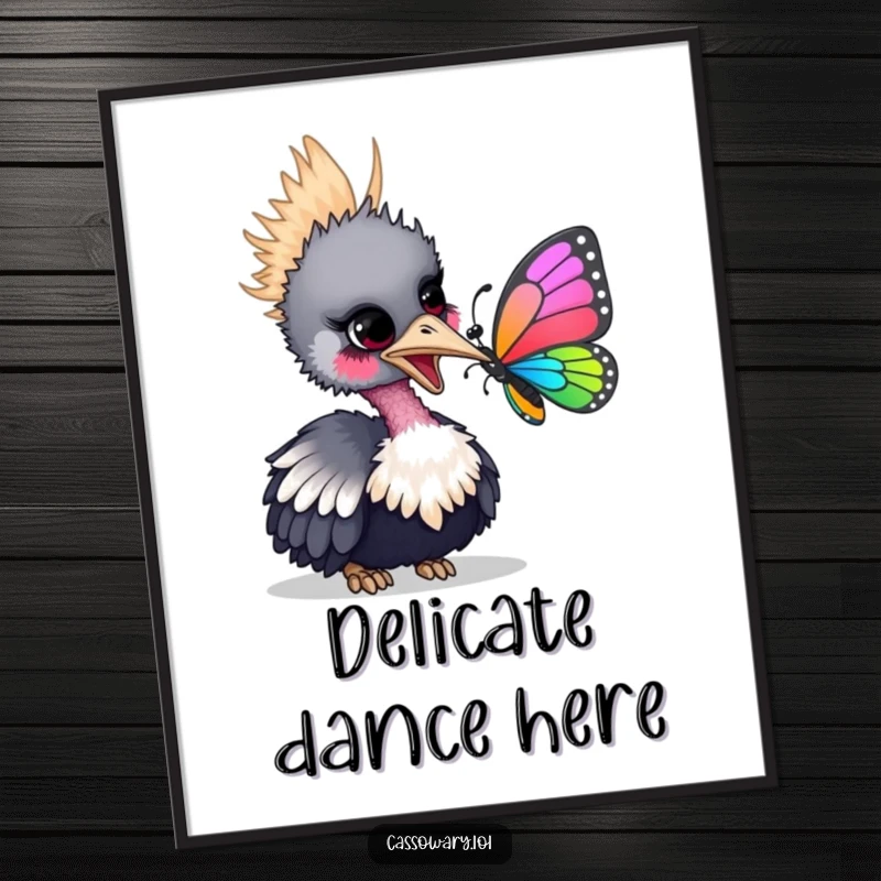 Funny digital art print of a cassowary gently nudging a colorful butterfly with its beak, a playful and heartwarming illustration.
