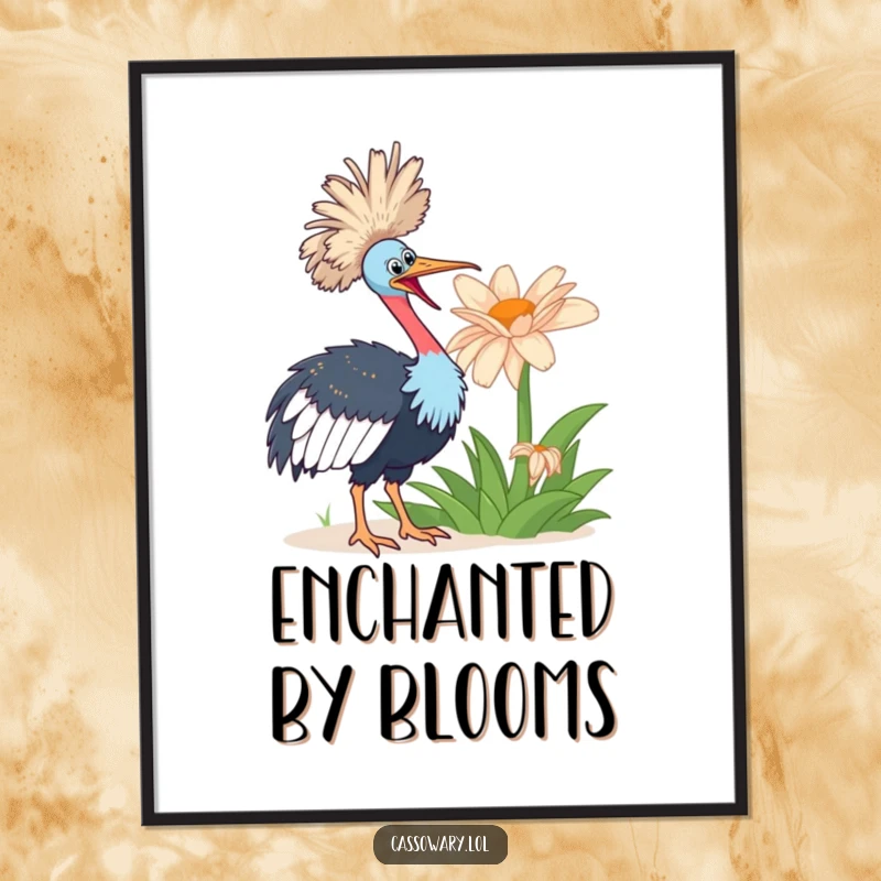 Funny cassowary bird looking with enthusiastic wonder at a giant flower, perfect for humorous digital art.