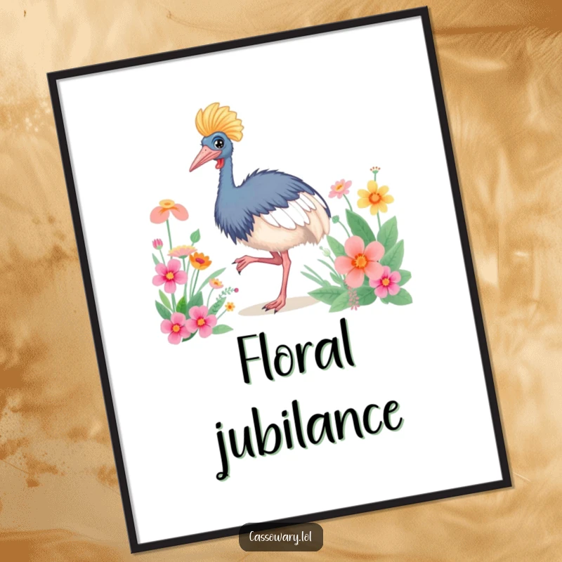 Funny Cassowary Happy Dance Digital Art: A dancing cassowary near flowers, perfect art. Funny gift download.