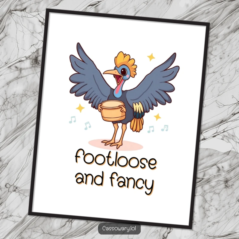 Funny digital art print of a cassowary joyfully drumming its feet on the ground with rhythmic thuds, celebrating energetic movement.