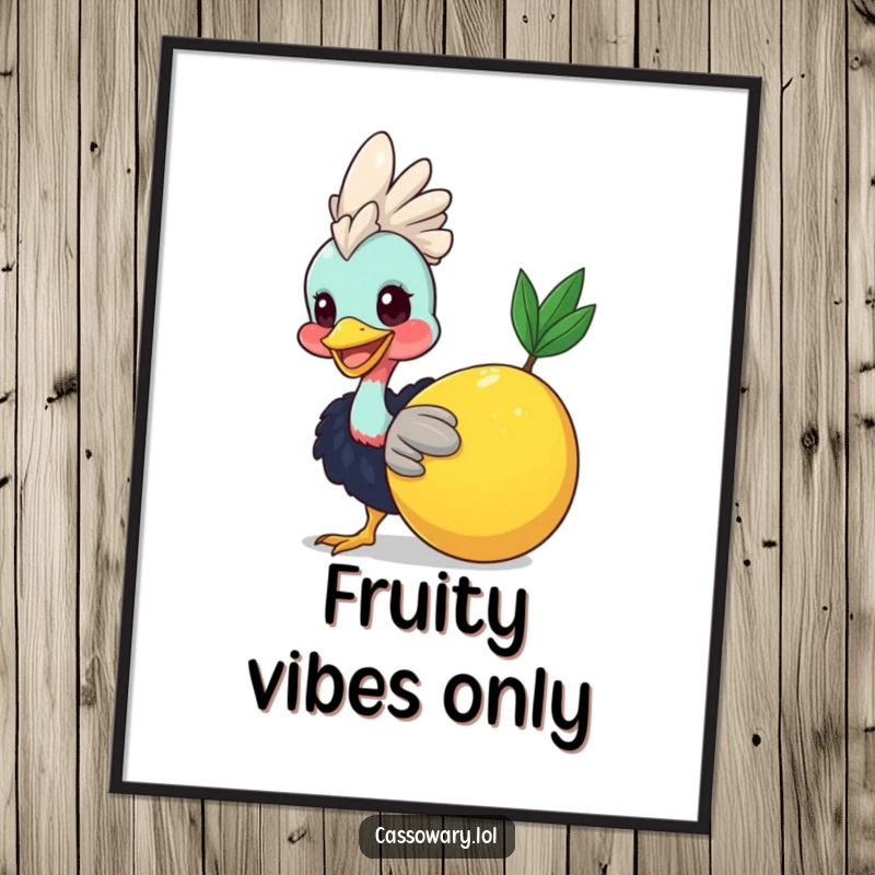 Funny Cassowary Fruit Nudge Digital Art: A smiling cassowary playfully nudging a large fruit, conveying pure joy. Instant funny gift download.