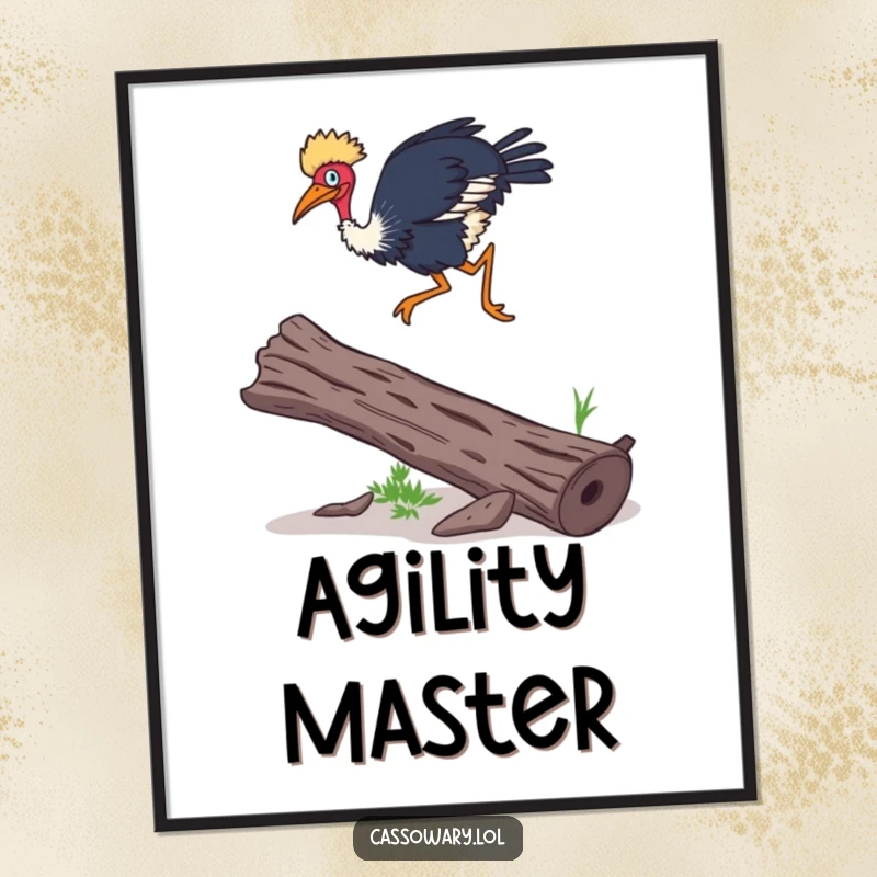 Funny Cassowary digital art print showing a cassowary leaping over a log with surprising agility, a humorous and dynamic illustration.